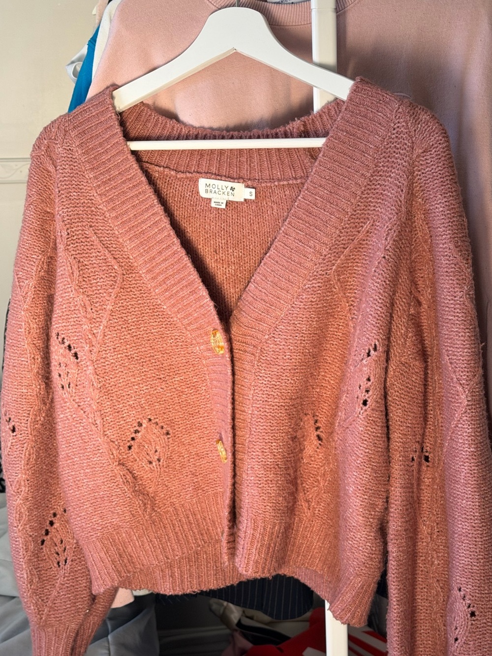 Molly Bracken Rose Pink V‑Neck Button-Up Knit Cardigan